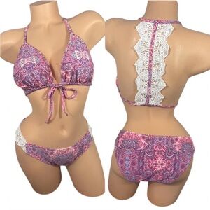 Betsey Johnson Purple Pink White Lace Halter Top Matching Bottom Bikini Lace L